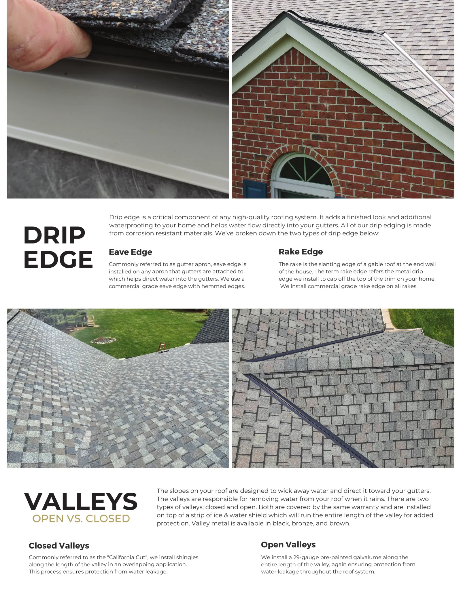 Close-up of installed eave-edge drip edge and rake-edge drip edge on a brick home