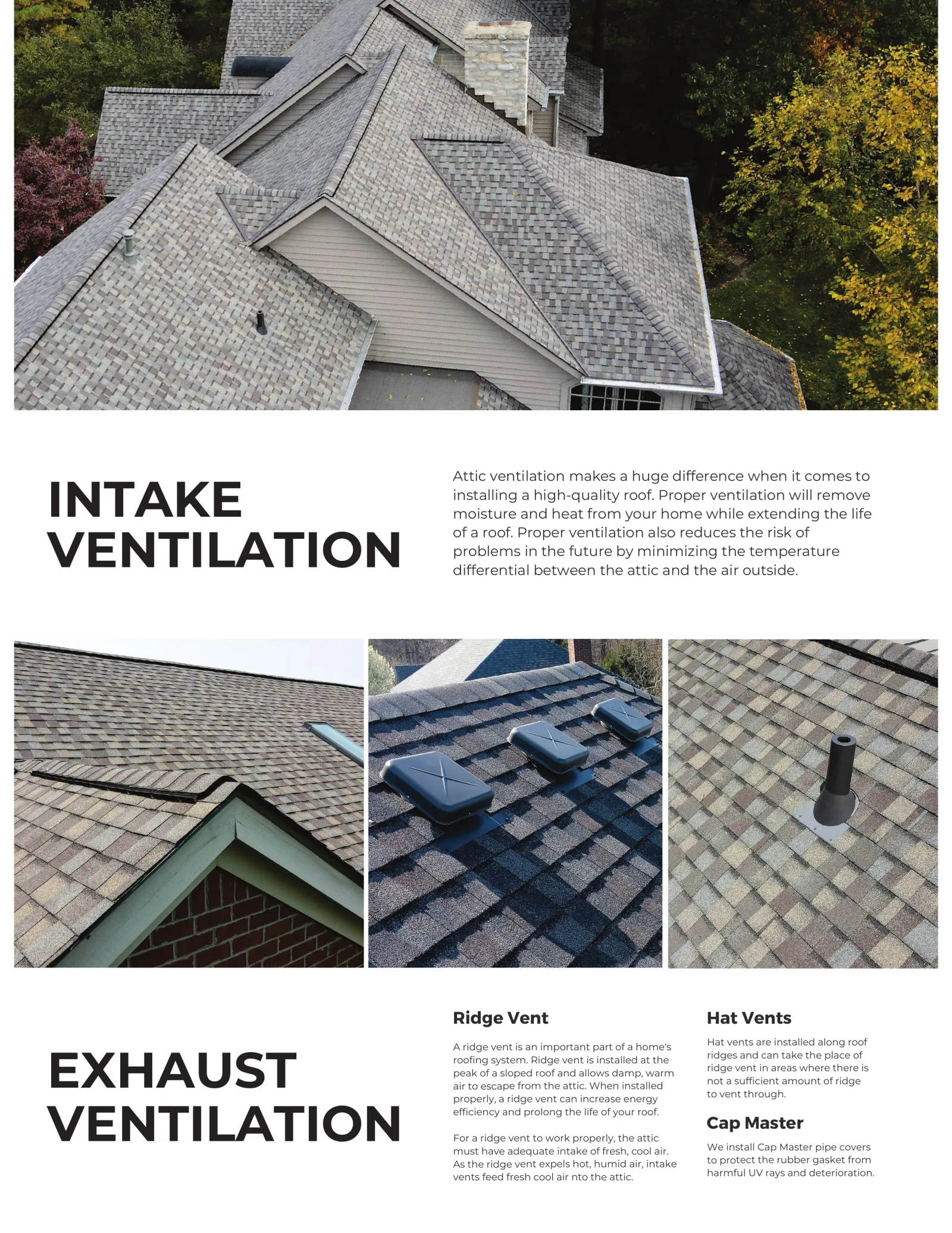 Aerial view of a complex roof showing soffit intake vents along the eaves