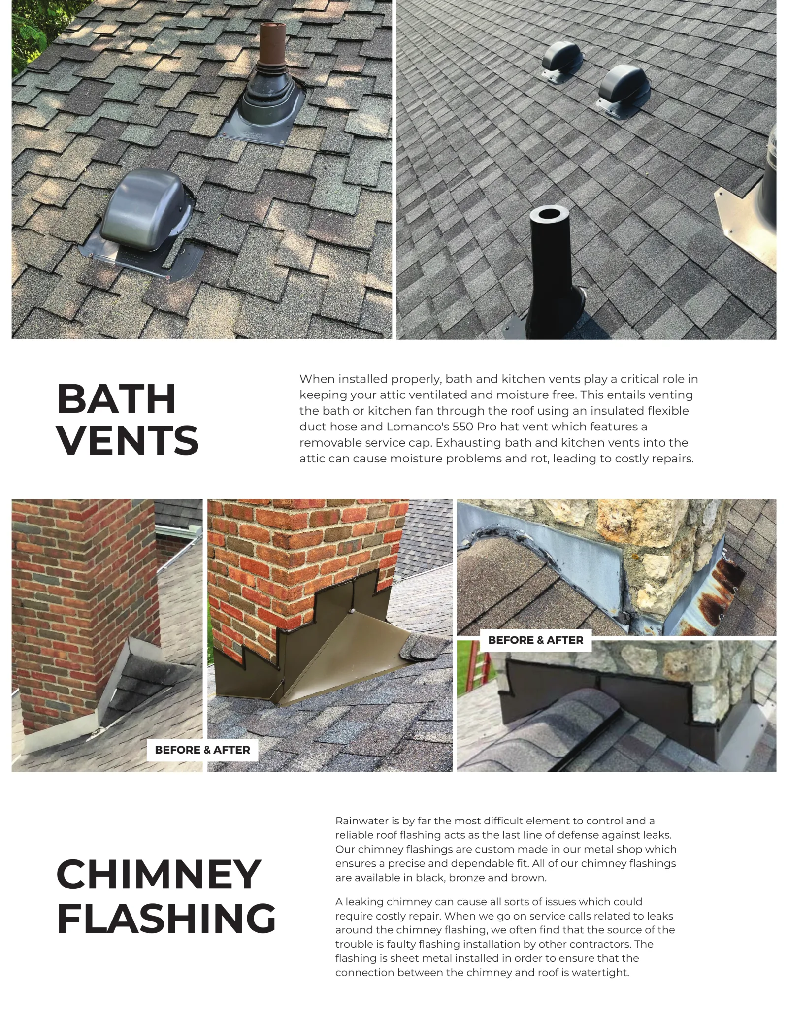 Two bath and kitchen vent installations on a shingle roof with Lomanco hat vents